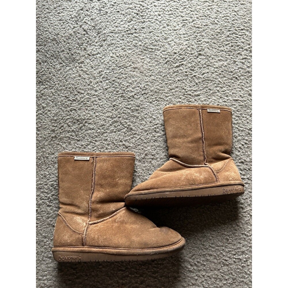 Bearpaw Boots Size 8 Women Emma Short Brown Suede Wool Blend Lined Winter Warm